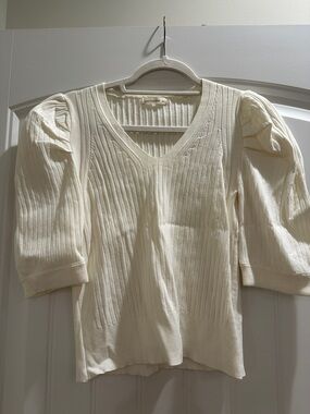 Cream Ribbed Puff-Sleeve Knit Top